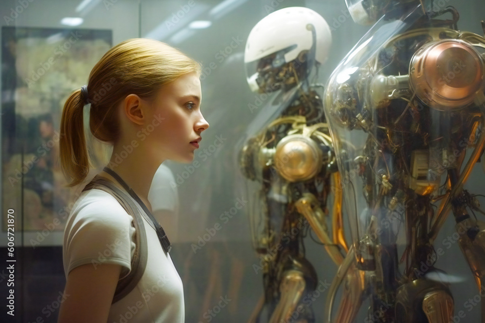 Poster imaginative conceptual illustration of a young woman and a robot or android. created with generative
