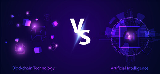 Concept Blockchain Technology VS AI Comparison between the two technologies in working together identity verification maintain security Check out AI, blockchain and IoT insights on a purple,futuristic