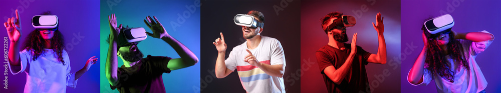 Wall mural set of different people with vr glasses on colorful background - Wall murals
