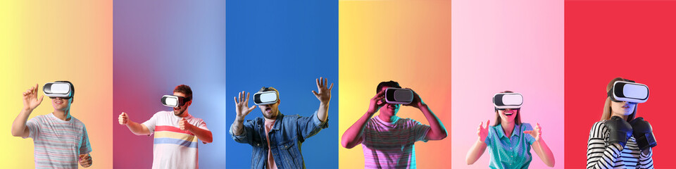 Set of many people with VR glasses on colorful background