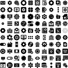 Collection Of 100 Configuration Icons Set Isolated Solid Silhouette Icons Including Configuration, System, Computer, Service, Icon, Work, Technology Infographic Elements Vector Illustration Logo