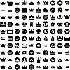 Collection Of 100 Crown Icons Set Isolated Solid Silhouette Icons Including Queen, Royal, Princess, Prince, King, Crown, Symbol Infographic Elements Vector Illustration Logo