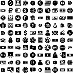 Collection Of 100 Currency Icons Set Isolated Solid Silhouette Icons Including Currency, Payment, Business, Money, Finance, Cash, Exchange Infographic Elements Vector Illustration Logo