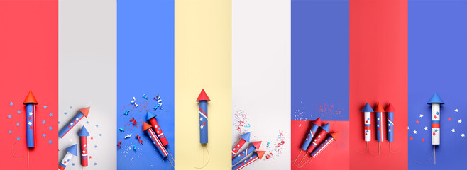 Many firework rockets for USA Independence Day on color background