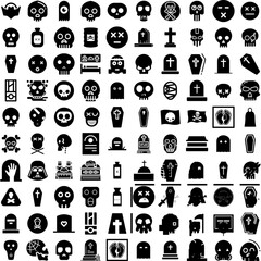 Collection Of 100 Death Icons Set Isolated Solid Silhouette Icons Including Symbol, People, Background, Dead, Hospital, Death, Concept Infographic Elements Vector Illustration Logo