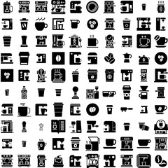 Collection Of 100 Espresso Icons Set Isolated Solid Silhouette Icons Including Cup, Hot, Coffee, Drink, Brown, Beverage, Espresso Infographic Elements Vector Illustration Logo