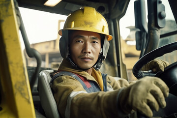 Portrait of an Asian driver in the cab of a bulldozer in a quarry. Generative AI