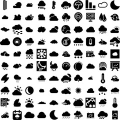 Collection Of 100 Forecast Icons Set Isolated Solid Silhouette Icons Including Weather, Symbol, Sun, Forecast, Design, Vector, Cloud Infographic Elements Vector Illustration Logo