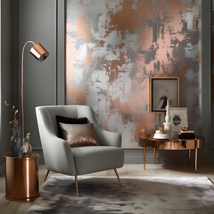gray soft armchair, copper lamp and coffee table in the living room with metallic pattern on the wall, Generative AI	