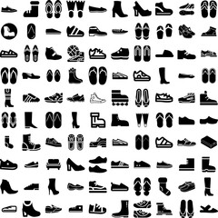 Collection Of 100 Footwear Icons Set Isolated Solid Silhouette Icons Including Fashion, Shoes, Female, Casual, Footwear, Shoe, Foot Infographic Elements Vector Illustration Logo
