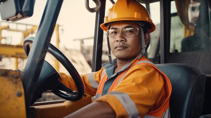 An Asian driver in the cab of a bulldozer in a quarry. Generative AI