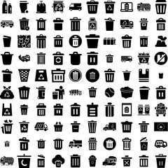 Collection Of 100 Garbage Icons Set Isolated Solid Silhouette Icons Including Pollution, Plastic, Trash, Rubbish, Garbage, Ecology, Waste Infographic Elements Vector Illustration Logo