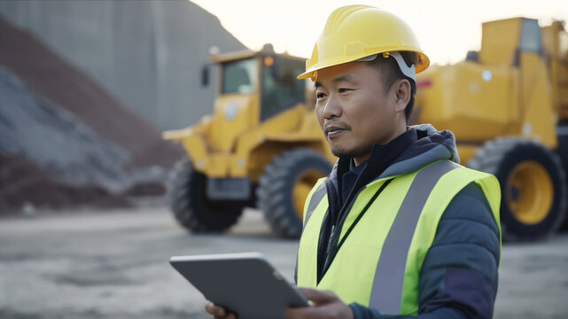 A male worker of Asian appearance in uniform with a digital tablet in a sand pit. Generative AI