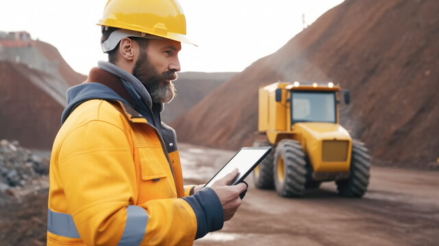 A male worker in a protective helmet and uniform holds an electronic tablet in front of a bulldozer in a sand pit. Generative AI