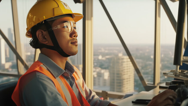 Builder-operator in the cab of a construction crane. Generative AI