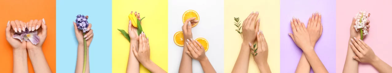  Set of female hands with beautiful manicure on color background, top view © Pixel-Shot