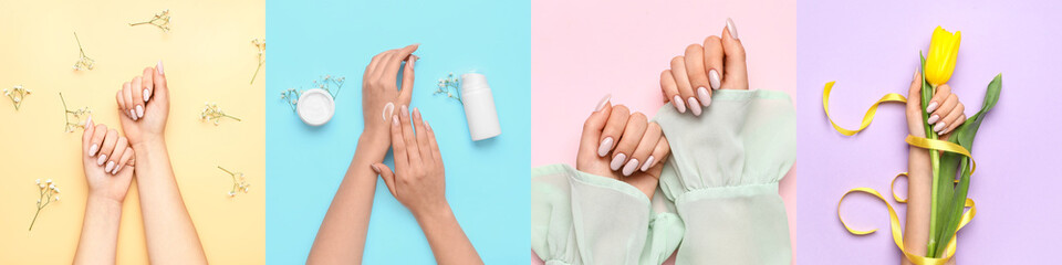 Set of female hands with beautiful manicure on color background, top view