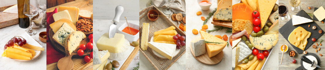 Collage of delicious cheese on table