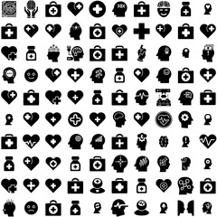 Collection Of 100 Mental Icons Set Isolated Solid Silhouette Icons Including Mind, People, Mental, Therapy, Health, Care, Concept Infographic Elements Vector Illustration Logo