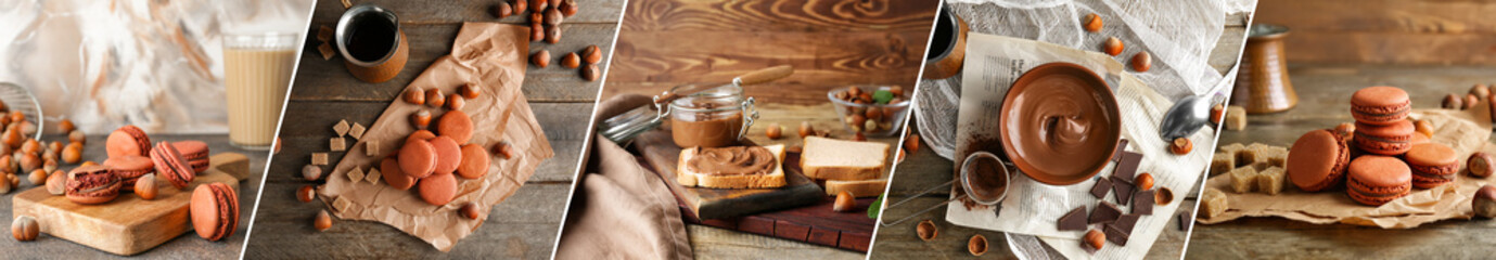 Group of delicious chocolate desserts with hazelnuts on table