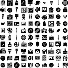 Collection Of 100 Painting Icons Set Isolated Solid Silhouette Icons Including Art, Abstract, Artwork, Creative, Decoration, Artistic, Canvas Infographic Elements Vector Illustration Logo
