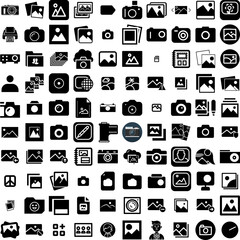 Collection Of 100 Photos Icons Set Isolated Solid Silhouette Icons Including Design, Blank, Paper, Frame, Picture, Retro, Photo Infographic Elements Vector Illustration Logo