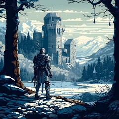 Medieval knight in a winter landscape and looking at a ruined castle, pixel art. generative AI	
