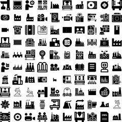 Collection Of 100 Production Icons Set Isolated Solid Silhouette Icons Including Technology, Background, Equipment, Work, Industry, Production, Set Infographic Elements Vector Illustration Logo