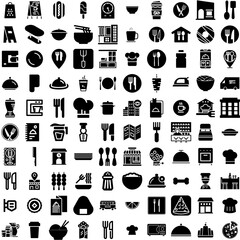 Collection Of 100 Restaurant Icons Set Isolated Solid Silhouette Icons Including Cafe, Meal, People, Restaurant, Food, Table, Business Infographic Elements Vector Illustration Logo