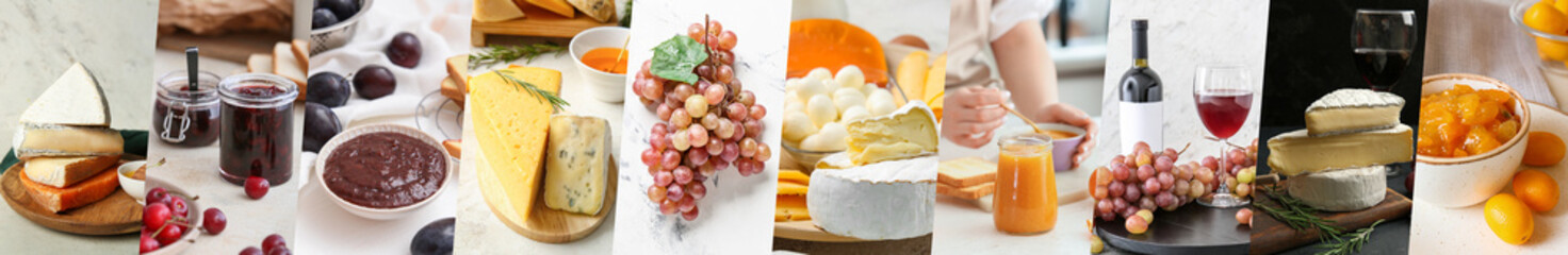 Collage of delicious wine with fresh cheese and sweet jams on table