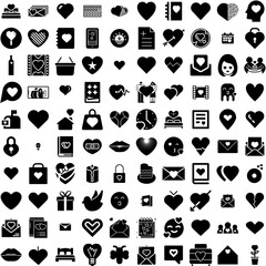 Collection Of 100 Romantic Icons Set Isolated Solid Silhouette Icons Including Background, Love, Romance, Couple, Luxury, Romantic, Beautiful Infographic Elements Vector Illustration Logo
