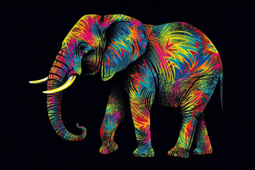 Obraz premium Neon image of an adult African elephant with an ornament. Generative AI illustration.