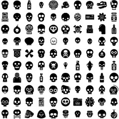 Collection Of 100 Skull Icons Set Isolated Solid Silhouette Icons Including Bone, Horror, Human, Skull, Dead, Death, Skeleton Infographic Elements Vector Illustration Logo
