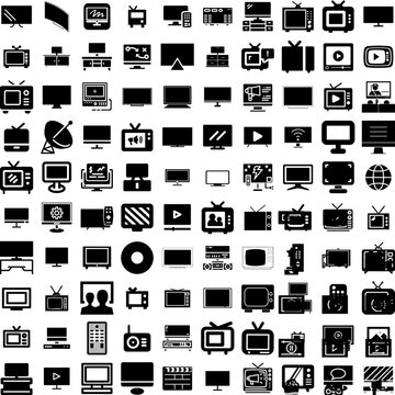 Collection Of 100 Television Icons Set Isolated Solid Silhouette Icons Including Television, Display, Video, Tv, Screen, Technology, Entertainment Infographic Elements Vector Illustration Logo