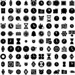 Collection Of 100 Clock Icons Set Isolated Solid Silhouette Icons Including Clock, Icon, Hour, Timer, Watch, Time, Alarm Infographic Elements Vector Illustration Logo