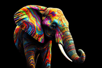 Obraz premium Elephant. Elephant head with multicolored ornament. Generative AI illustration. Isolated on a black background.