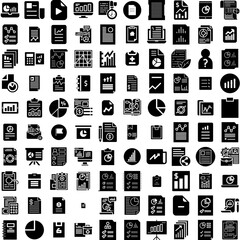 Collection Of 100 Report Icons Set Isolated Solid Silhouette Icons Including Analysis, Business, Report, Concept, Financial, Finance, Marketing Infographic Elements Vector Illustration Logo