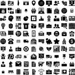 Collection Of 100 Business Icons Set Isolated Solid Silhouette Icons Including Business, Communication, Office, Corporate, Teamwork, Success, Technology Infographic Elements Vector Illustration Logo