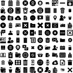 Collection Of 100 Delete Icons Set Isolated Solid Silhouette Icons Including Icon, Web, Design, Symbol, Vector, Trash, Delete Infographic Elements Vector Illustration Logo