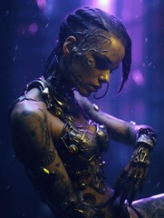 Beautiful cyberpunk girl with android implants, isolated background, black, yellow pink colors, generative ai