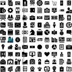 Collection Of 100 Business Icons Set Isolated Solid Silhouette Icons Including Office, Corporate, Success, Technology, Communication, Business, Teamwork Infographic Elements Vector Illustration Logo