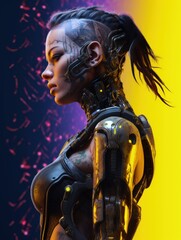 Beautiful cyberpunk girl with android implants, isolated background, black, yellow pink colors, generative ai - obrazy, fototapety, plakaty