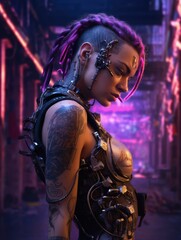 Beautiful cyberpunk girl with android implants, isolated background, black, yellow pink colors, generative ai