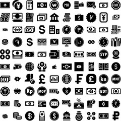 Collection Of 100 Currency Icons Set Isolated Solid Silhouette Icons Including Cash, Payment, Money, Exchange, Finance, Business, Currency Infographic Elements Vector Illustration Logo