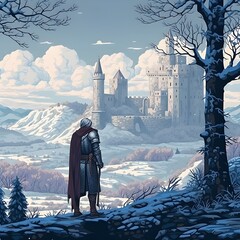 Medieval knight in a winter landscape and looking at a ruined castle, pixel art. generative AI	
