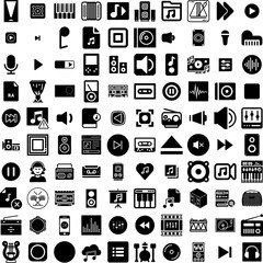 Collection Of 100 Music Icons Set Isolated Solid Silhouette Icons Including Vector, Melody, Music, Musical, Sound, Illustration, Note Infographic Elements Vector Illustration Logo