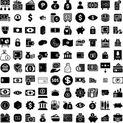 Collection Of 100 Money Icons Set Isolated Solid Silhouette Icons Including Money, Currency, Payment, Finance, Business, Dollar, Cash Infographic Elements Vector Illustration Logo