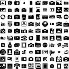 Collection Of 100 Photo Icons Set Isolated Solid Silhouette Icons Including Photo, Blank, Design, Retro, Frame, Picture, Paper Infographic Elements Vector Illustration Logo