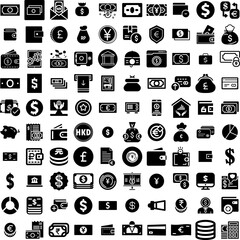 Collection Of 100 Money Icons Set Isolated Solid Silhouette Icons Including Currency, Business, Finance, Cash, Money, Payment, Dollar Infographic Elements Vector Illustration Logo