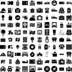 Collection Of 100 Travel Icons Set Isolated Solid Silhouette Icons Including Vacation, Journey, Trip, Holiday, Travel, Airplane, Tourism Infographic Elements Vector Illustration Logo